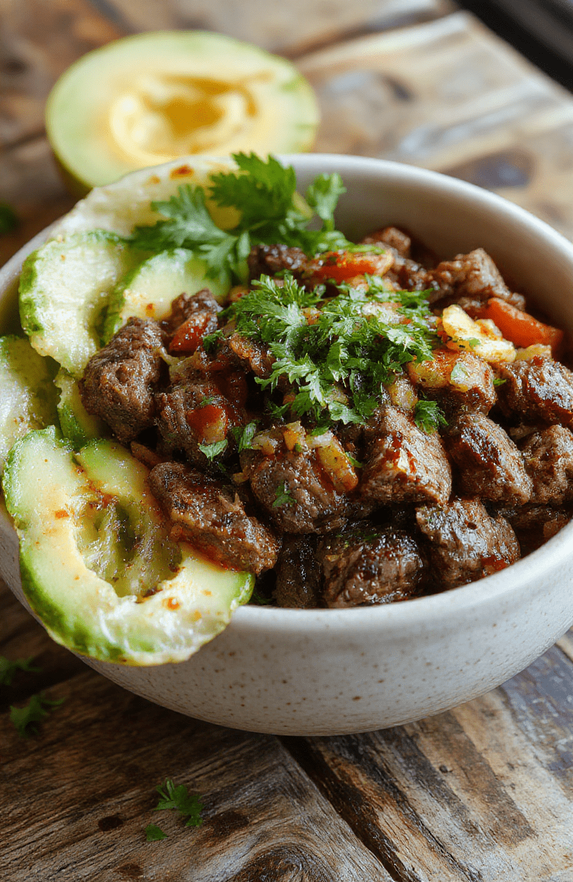 A vibrant low carb steak fajita bowl featuring grilled sliced steak, colorful bell peppers and onions, topped with fresh cilantro and avocado slices, served in a rustic bowl on a wooden surface with a side of lime wedges, highlighting textures and vivid colors.