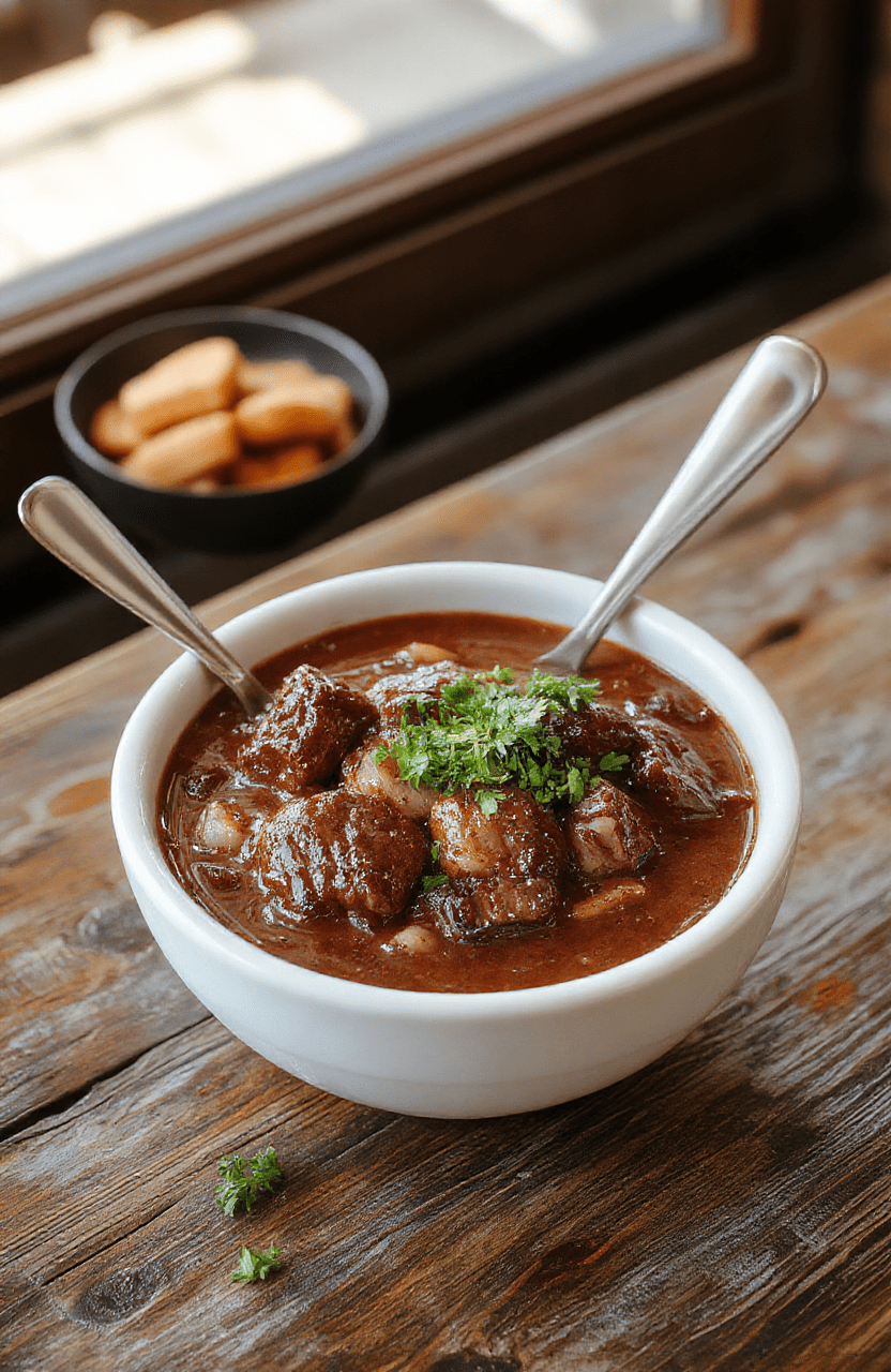 A vibrant plate of steaming Mexican birria with tender beef, rich red broth, garnished with fresh cilantro, diced onions, and lime wedges, served in a rustic bowl on a textured wooden table, with crispy tortillas on the side, captured in natural daylight.