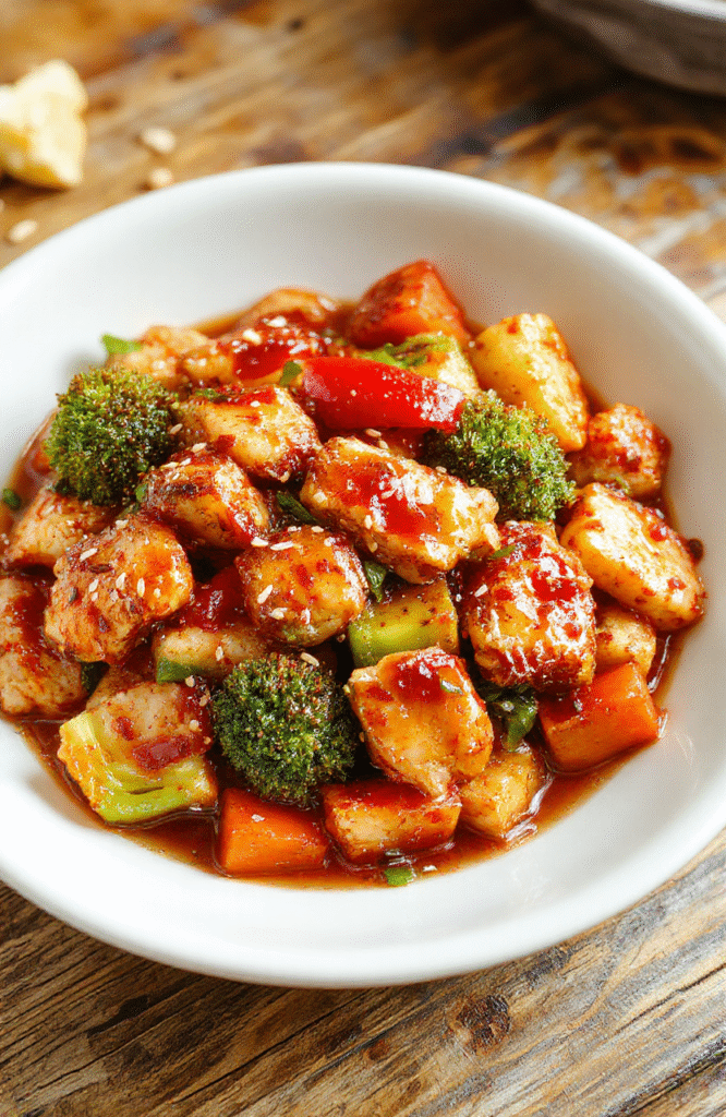 A vibrant plate of teriyaki chicken stir fry featuring tender chunks of chicken coated in glossy teriyaki sauce, colorful bell peppers, crisp broccoli florets, and thinly sliced carrots, all arranged attractively on a white ceramic dish with sesame seeds sprinkled on top. The background is softly blurred to emphasize the glossy, flavorful ingredients and appealing textures.