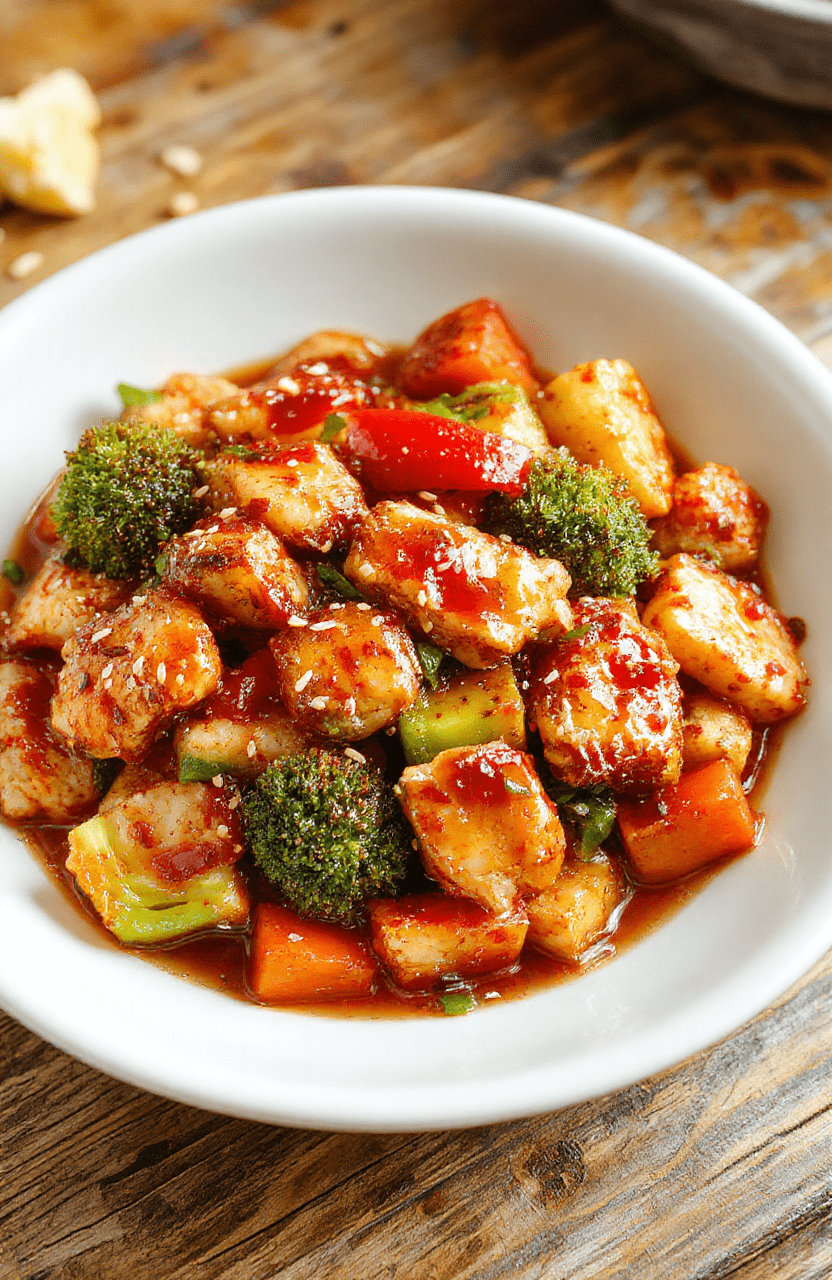 A vibrant plate of teriyaki chicken stir fry featuring tender chunks of chicken coated in glossy teriyaki sauce, colorful bell peppers, crisp broccoli florets, and thinly sliced carrots, all arranged attractively on a white ceramic dish with sesame seeds sprinkled on top. The background is softly blurred to emphasize the glossy, flavorful ingredients and appealing textures.