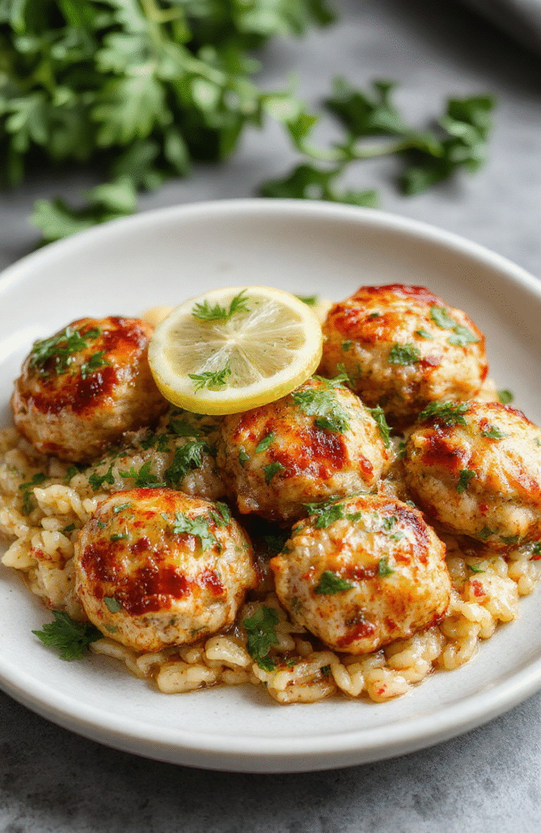 Brightly colored Greek chicken meatballs garnished with fresh herbs, served over fluffy lemon-infused orzo pasta on a rustic white plate, with vibrant lemon wedges and a drizzle of tzatziki sauce, set against a Mediterranean-inspired background with natural daylight highlighting textures and colors