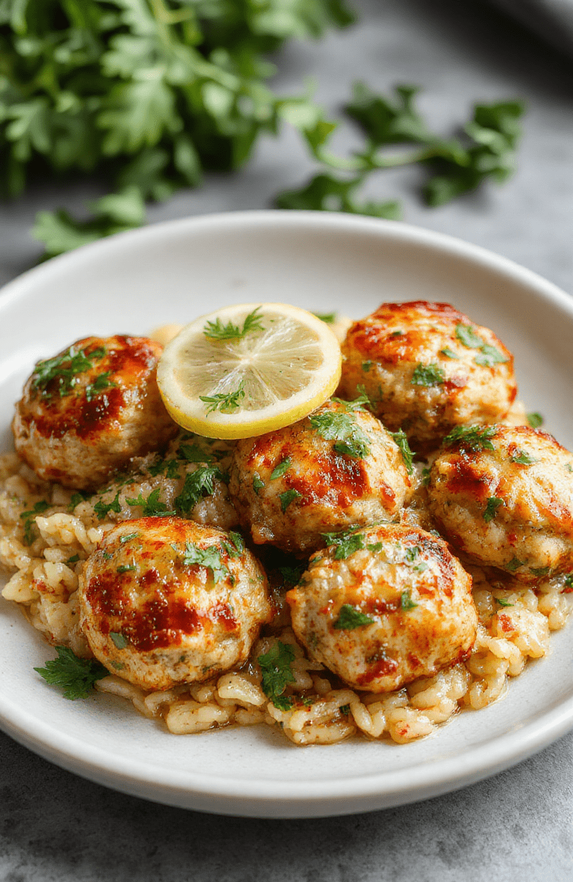 Brightly colored Greek chicken meatballs garnished with fresh herbs, served over fluffy lemon-infused orzo pasta on a rustic white plate, with vibrant lemon wedges and a drizzle of tzatziki sauce, set against a Mediterranean-inspired background with natural daylight highlighting textures and colors