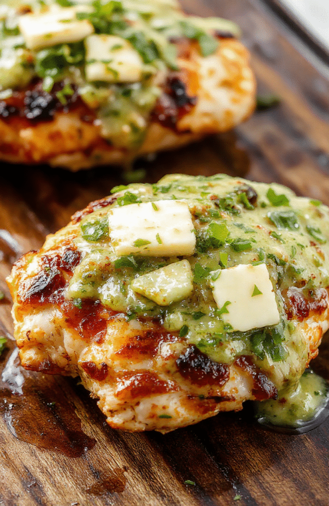 Colorful grilled chicken topped with vibrant green salsa verde and melted pepper jack cheese, plated with fresh cilantro and lime slices, showcasing juicy, slightly charred texture, with a rustic wooden background.