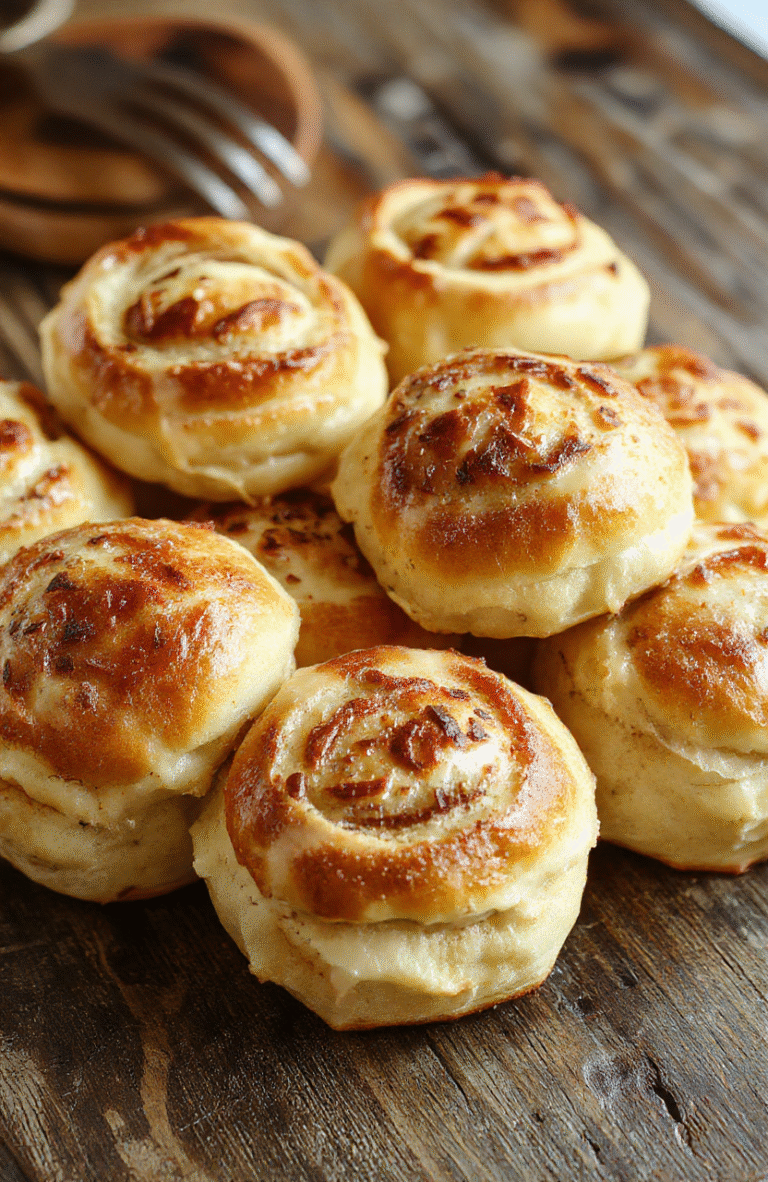 A plate of golden fluffy breakfast rolls with a light dusting of powdered sugar, arranged elegantly on a rustic wooden surface, with a small dish of honey and fresh berries nearby, styled simply with a soft focus background emphasizing the soft textures and inviting appearance.