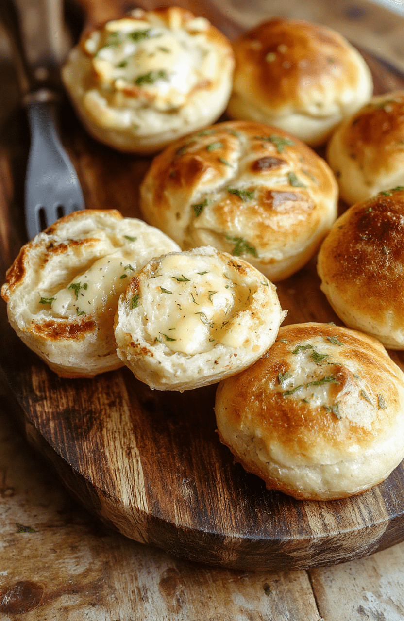 A close-up of fluffy garlic butter bread rolls arranged on a rustic wooden platter, golden brown crust, visibly soft interior with garlic and parsley topping, styled with sprigs of fresh herbs.