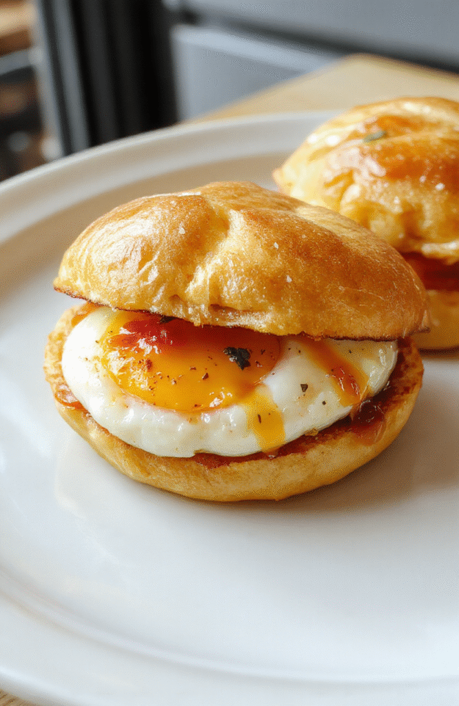 A vibrant Tamago Sando with soft, fluffy egg filling layered between two slices of lightly toasted white bread, garnished with fresh herbs and cut diagonally to reveal the creamy, fluffy eggs inside, styled on a clean white plate with a minimalist background.