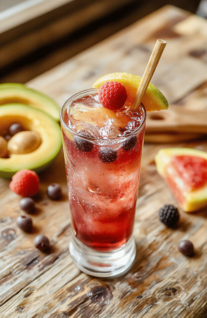 A vibrant, colorful glass filled with a bubbling, fruity cocktail garnished with fresh berries and citrus slices, served on a rustic wooden table with playful, spooky Halloween-themed decor.