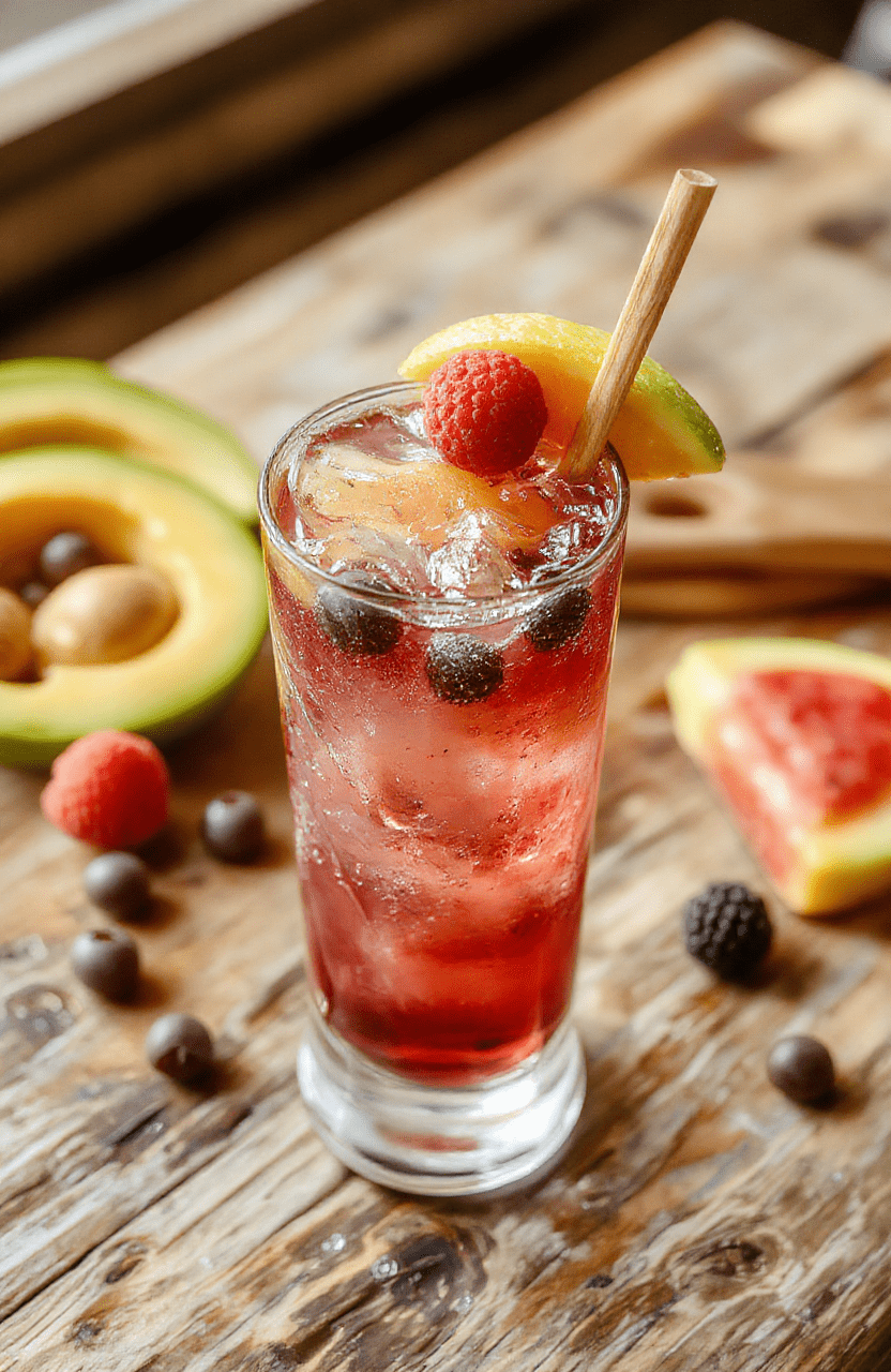 A vibrant, colorful glass filled with a bubbling, fruity cocktail garnished with fresh berries and citrus slices, served on a rustic wooden table with playful, spooky Halloween-themed decor.