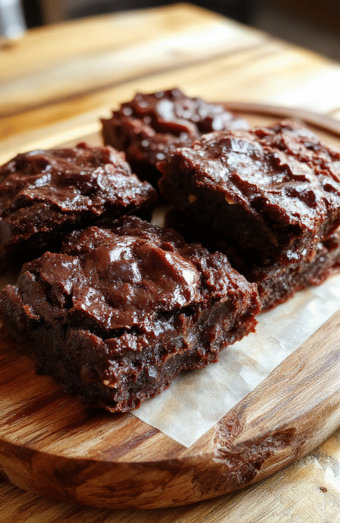 A close-up shot of fudgy, chewy brookies on a rustic wooden platter, showcasing their rich chocolate color, cracked surface, and gooey texture with hints of chocolate chips visible, styled with a sprinkle of sea salt and a few crumbs around.