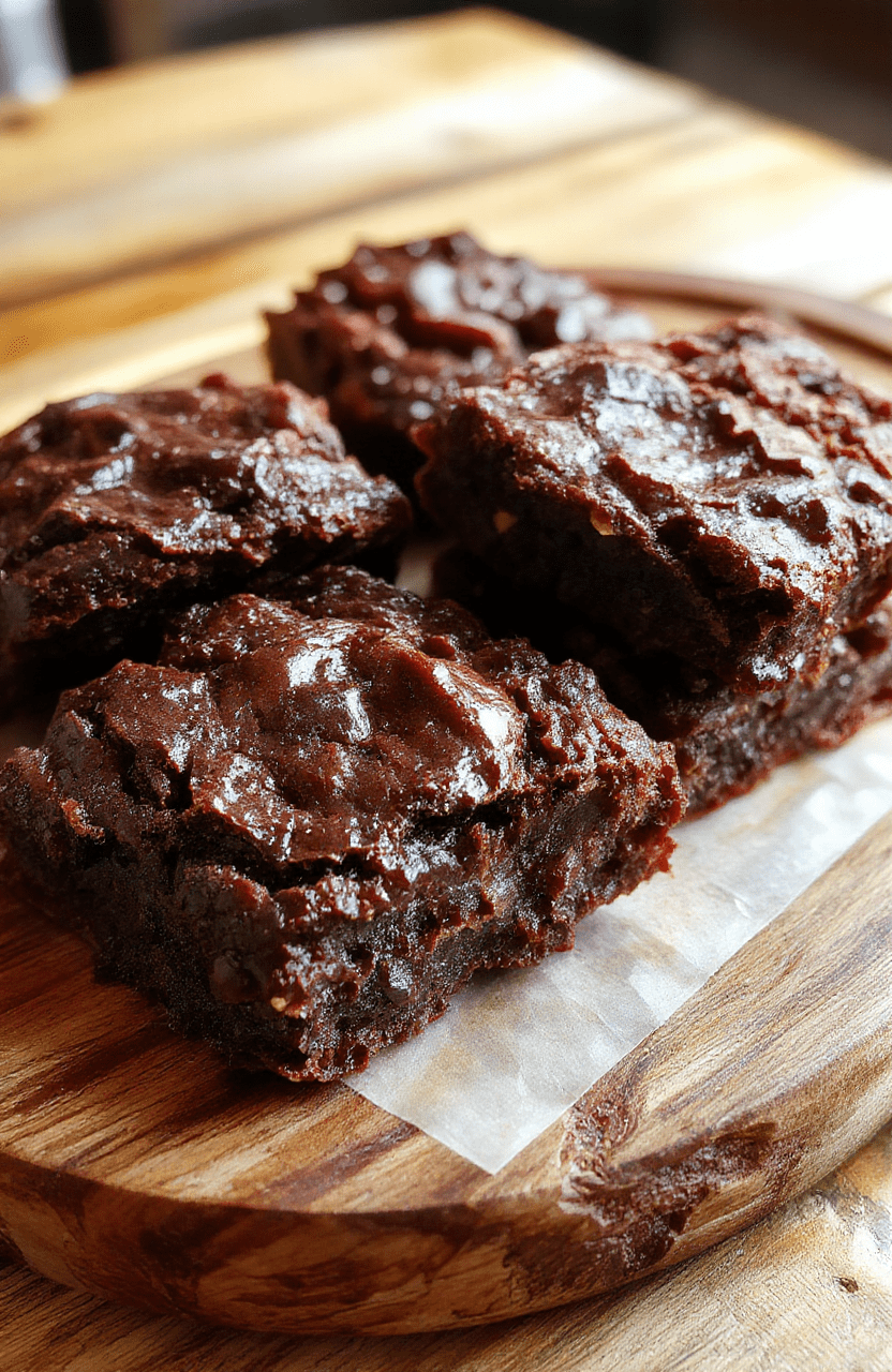 A close-up shot of fudgy, chewy brookies on a rustic wooden platter, showcasing their rich chocolate color, cracked surface, and gooey texture with hints of chocolate chips visible, styled with a sprinkle of sea salt and a few crumbs around.