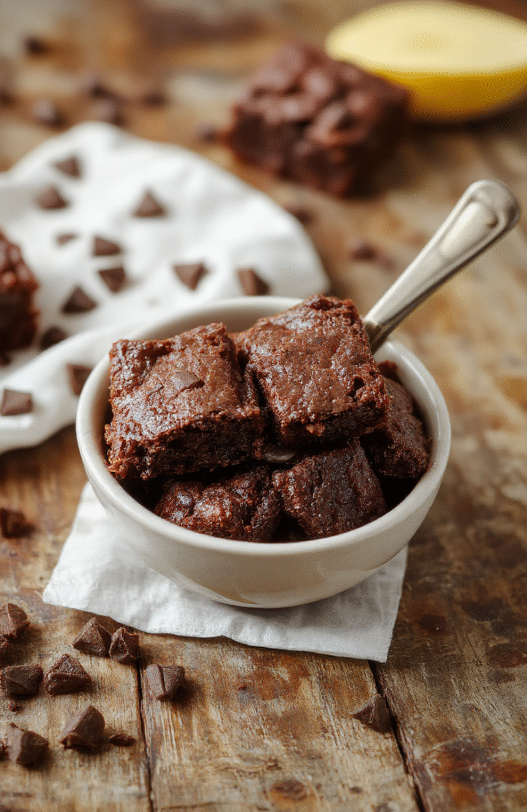 A close-up of rich, fudgy brownies on a rustic wooden surface. The brownies have a glossy top with cracked surface, revealing dense, moist interior. Light crumbs scattered around, natural daylight highlighting their chocolatey texture, styled simply for an inviting homemade look.