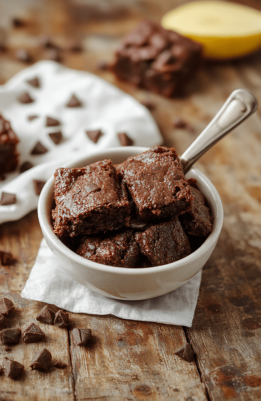 A close-up of rich, fudgy brownies on a rustic wooden surface. The brownies have a glossy top with cracked surface, revealing dense, moist interior. Light crumbs scattered around, natural daylight highlighting their chocolatey texture, styled simply for an inviting homemade look.