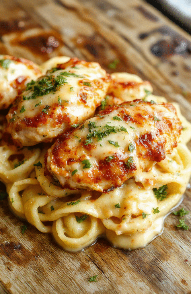 A vibrant plate featuring golden garlic butter chicken bites garnished with fresh herbs, paired with a creamy parmesan pasta, beautifully plated on a rustic wooden surface with soft natural daylight highlighting textures and colors.