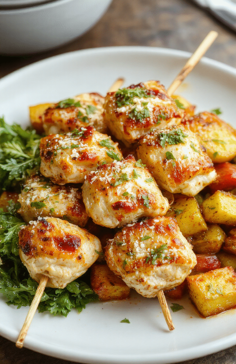 Colorful garlic parmesan chicken skewers arranged on a white plate, with grilled golden-brown chicken pieces topped with grated parmesan and fresh herbs, surrounded by roasted vegetables, styled for a casual dinner setting.