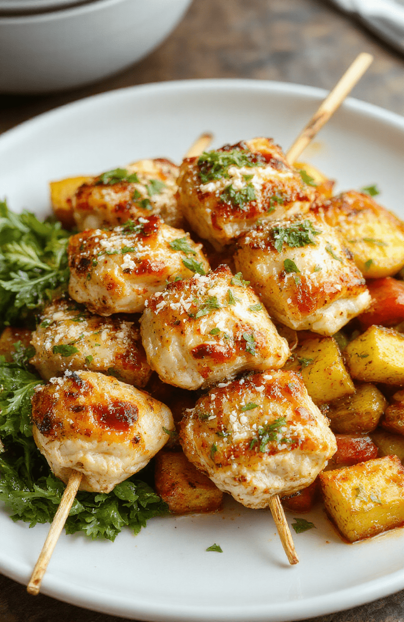 Colorful garlic parmesan chicken skewers arranged on a white plate, with grilled golden-brown chicken pieces topped with grated parmesan and fresh herbs, surrounded by roasted vegetables, styled for a casual dinner setting.