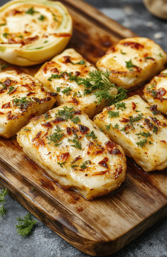 A vibrant plate of garlic roasted cabbage steaks arranged neatly, showcasing golden-brown edges, soft centers, sprinkled with fresh parsley, styled simply on a rustic wooden board against a neutral background.