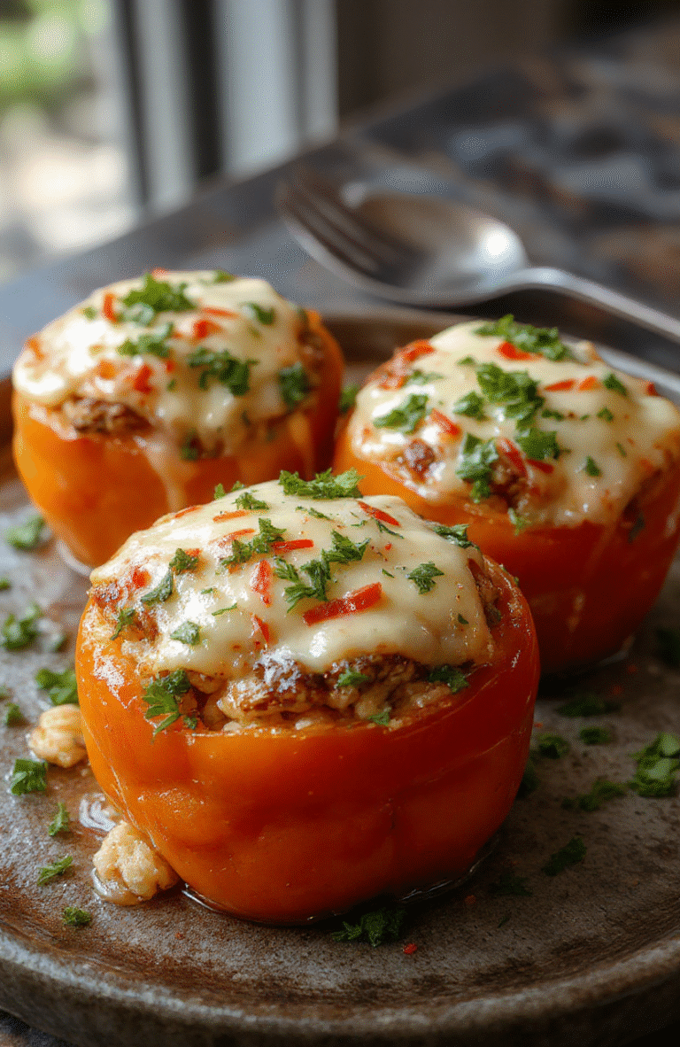 Colorful baked stuffed peppers with shredded chicken and rice filling, topped with melted cheese and chopped herbs, arranged on a rustic plate with a vibrant Halloween-themed backdrop.
