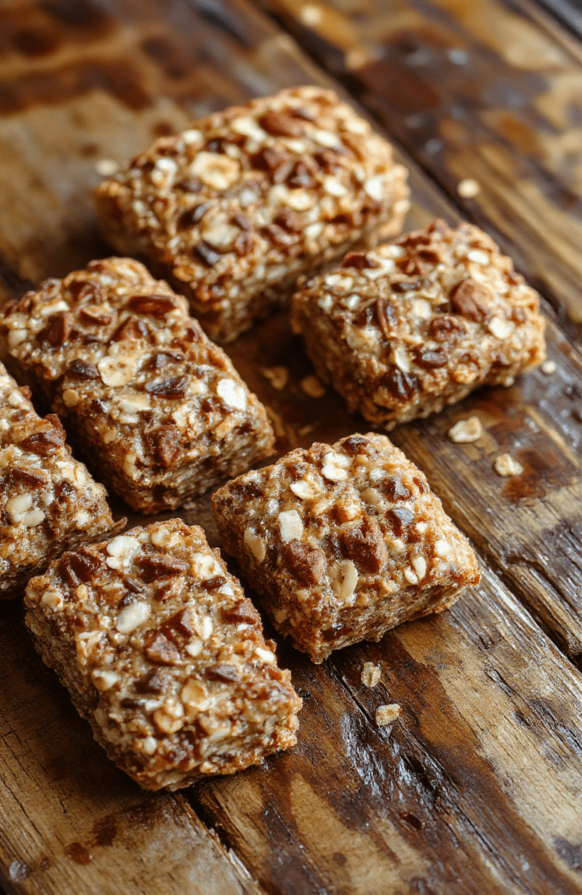 Colorful banana oatmeal bars arranged on a rustic wooden surface, showcasing golden-brown crust with visible oats and banana slices, garnished with fresh banana and sprinkled with oats, styled with soft natural lighting and subtle shadows for an appetizing look