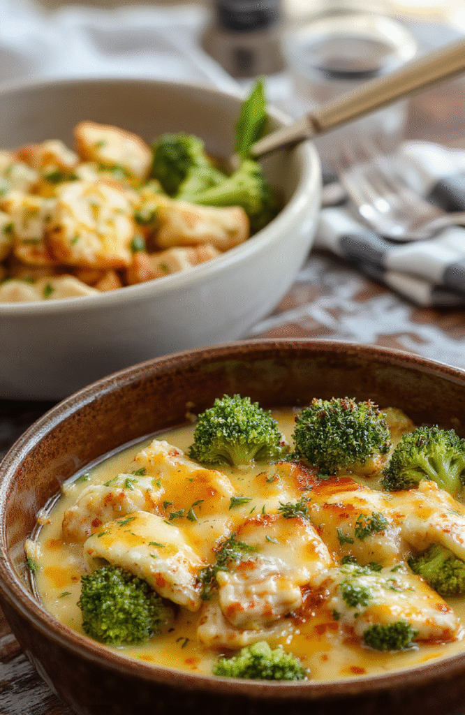A vibrant broccoli chicken casserole served in a rustic ceramic dish. The golden, cheesy topping contrasts with bright green broccoli and tender chicken chunks. The dish is garnished with fresh herbs and placed on a wooden table, styled for a cozy, inviting meal. Natural daylight highlights the textures and colors, making it look hearty and delicious.