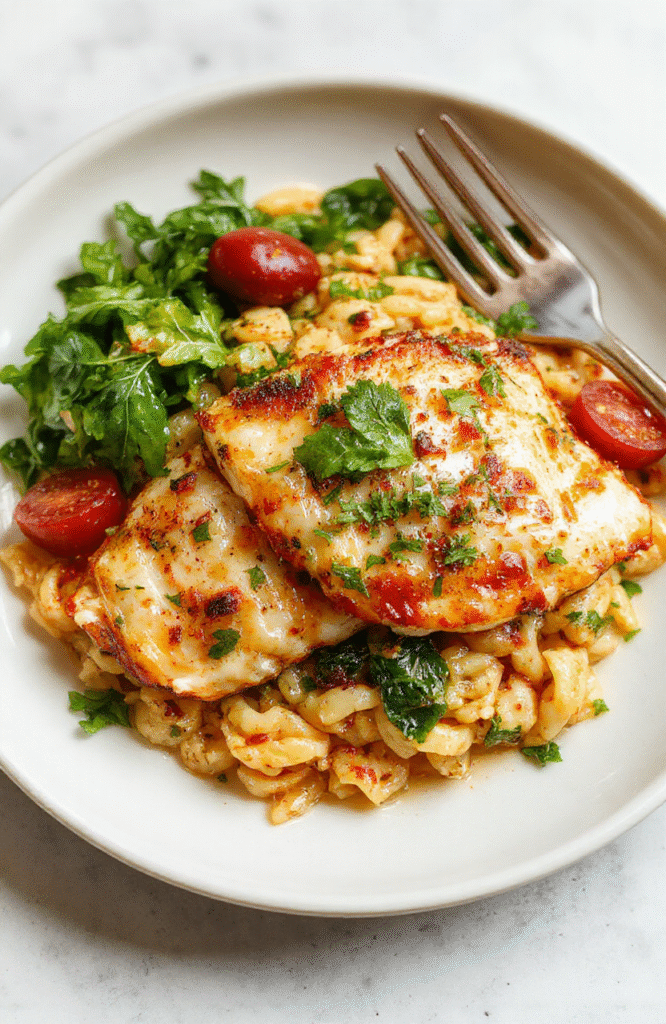 Colorful plate of chicken orzo with cherry tomatoes, spinach, and herbs, garnished with fresh parsley, served on a rustic white plate with a vibrant background, showcasing textures of tender chicken, al dente orzo, and bright vegetables, styled casually with natural lighting.