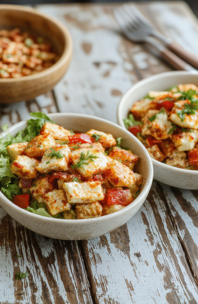 Colorful Greek chicken bowls arranged neatly on a rustic wooden table, featuring grilled chicken, vibrant cherry tomatoes, cucumber slices, red onion, and creamy tzatziki sauce, all garnished with fresh herbs, showcasing a fresh, wholesome, and appetizing presentation.