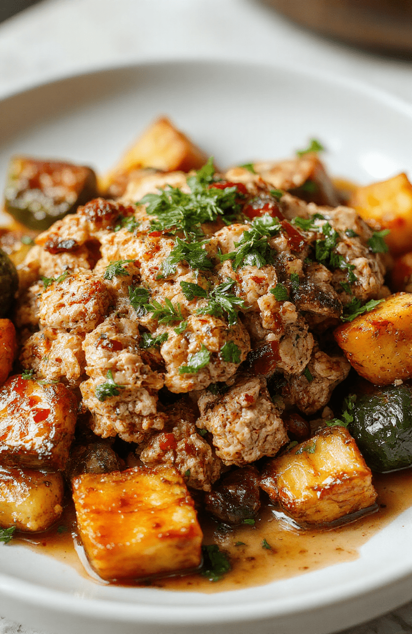 Colorful plated ground turkey dinner featuring moist turkey patties topped with fresh herbs, served alongside vibrant roasted vegetables on a rustic white plate with a neutral background and soft natural lighting highlighting the textures and colors.