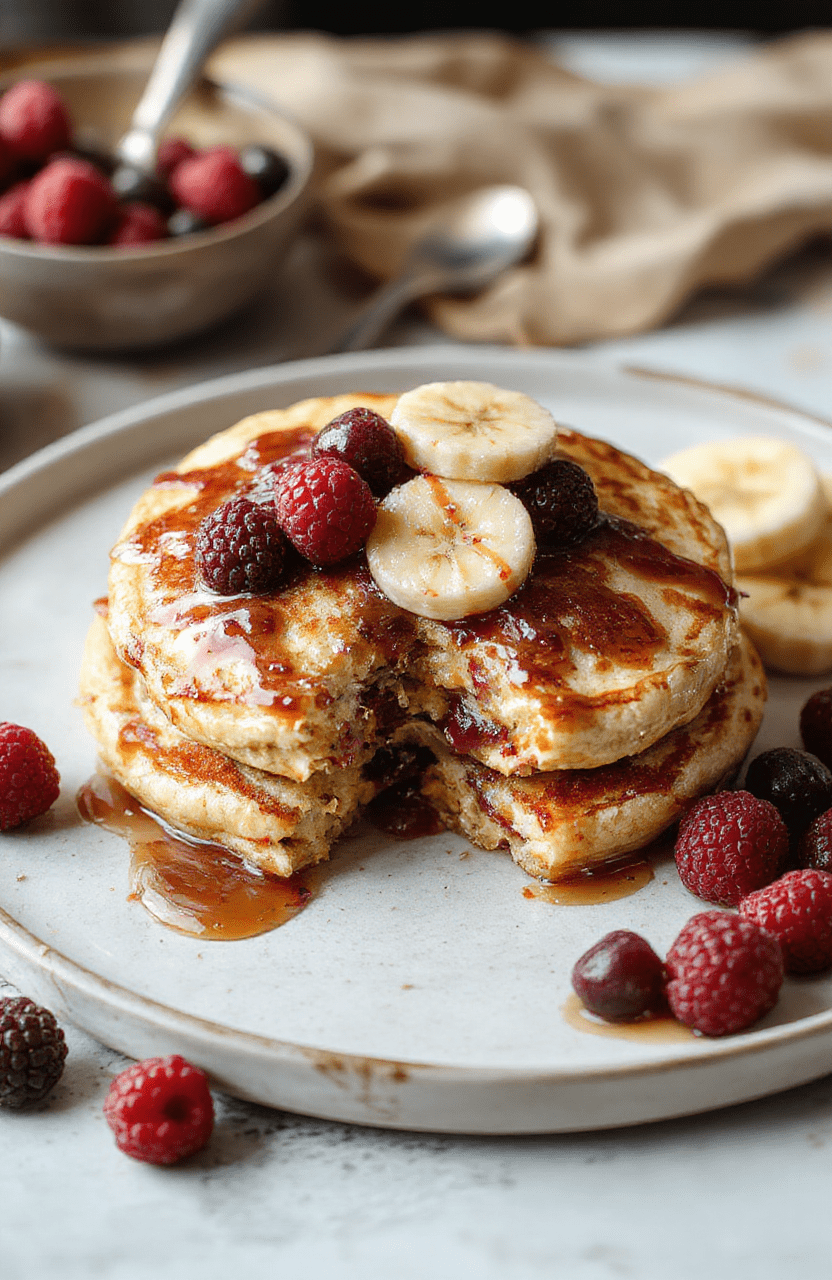 A vibrant stack of fluffy healthy pancakes topped with fresh berries, banana slices, and a drizzle of honey, served on a rustic white plate with a fork, with powdered sugar lightly dusted, styled on a wooden table with natural daylight highlighting the textures and colors.
