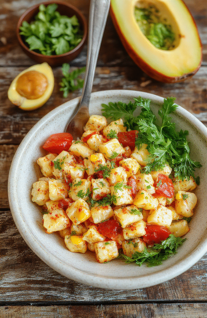 Colorful bowl of street corn pasta salad featuring tender pasta, grilled corn kernels, chopped fresh herbs, and a creamy dressing, arranged on a neutral rustic surface with vibrant ingredients and fresh garnish, styled casually for an inviting presentation.