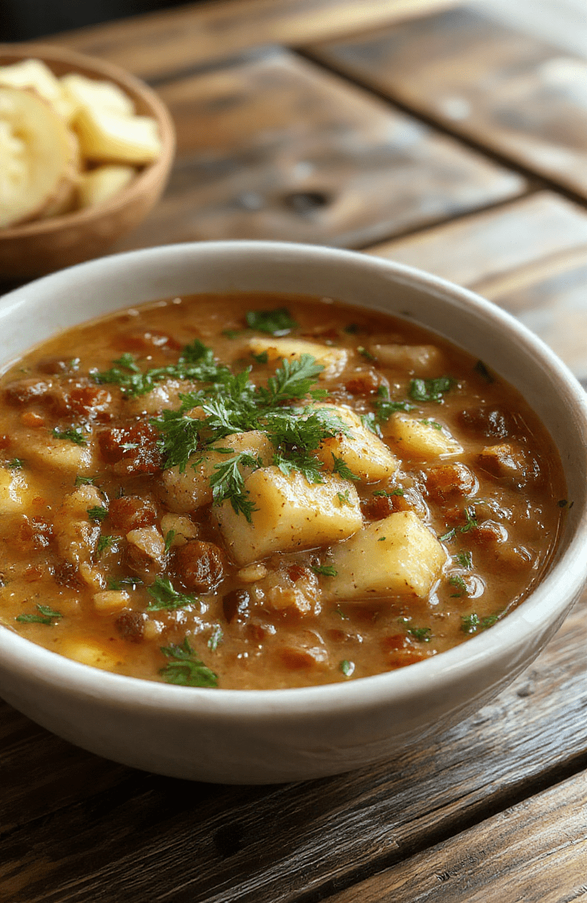 A warm bowl of hearty lentil and potato soup with a thick consistency, garnished with fresh herbs, served on a rustic wooden table with a spoon beside, highlighting the soup's rich textures and inviting colors.