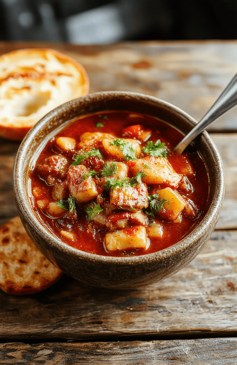 A vibrant bowl of cowboy stew featuring chunks of beef, colorful vegetables, and beans, served in a rustic ceramic bowl on a wooden table with fresh herbs and crusty bread, styled for a cozy family dinner, with steam rising capturing the hearty textures and inviting colors.