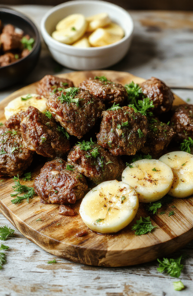 A close-up shot of tender beef bites coated in garlic butter, served on a rustic wooden platter with fresh herbs and roasted garlic cloves, captured with natural daylight, highlighting juicy textures and glossy sauce