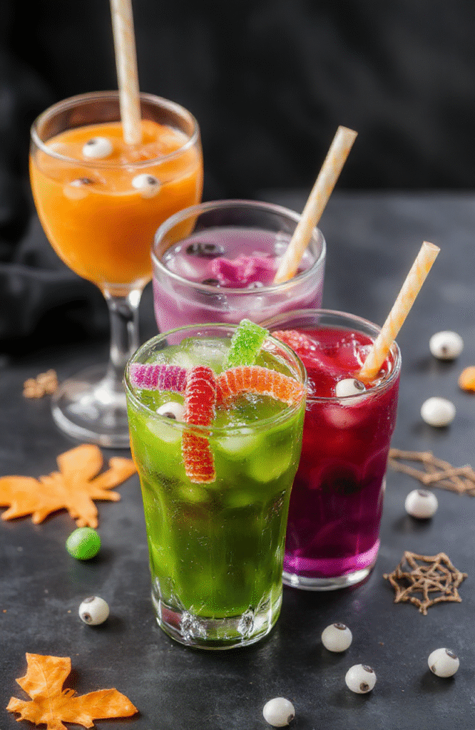 Colorful Halloween-themed drink glasses with spooky orange, green, and purple liquids topped with fun garnishes like gummy worms and candy eyes, styled on a dark Halloween table with themed decorations, vibrant and inviting for kids
