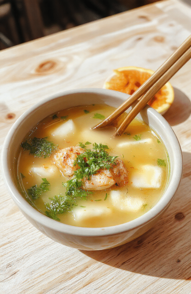 A clear bowl of Japanese soup with translucent broth, garnished with green onions, thin slices of bonito flakes, and a slice of lemon on top, beautifully arranged on a wooden tray with minimalistic styling, showcasing fresh ingredients and a delicate presentation.