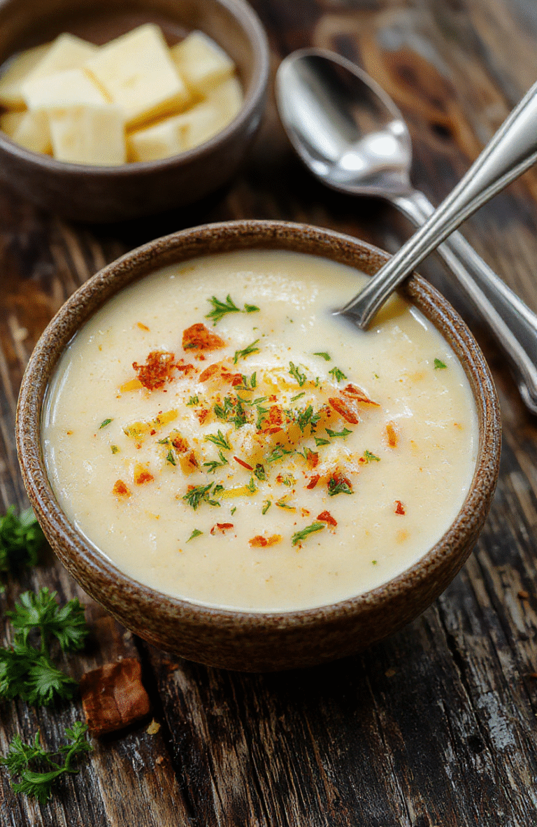 A warm bowl of loaded cheddar garlic herb potato soup with a creamy texture, topped with shredded cheddar, chopped herbs, and crispy bacon bits, served in a rustic white bowl on a light wooden surface, garnished with fresh parsley and garlic croutons, with a spoon placed nearby, inviting and cozy.