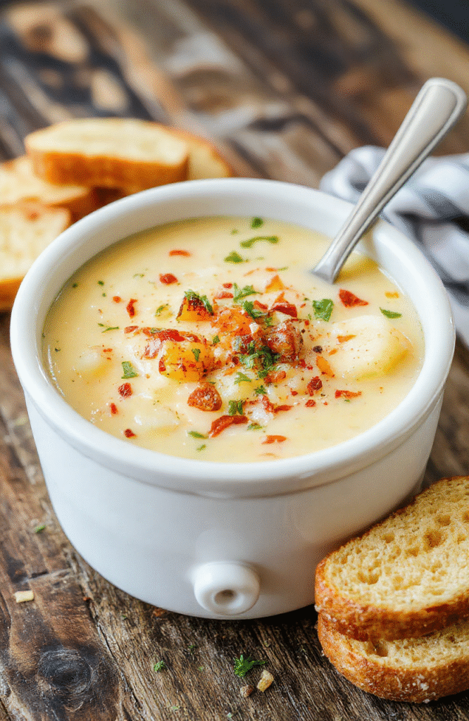 A creamy loaded crockpot potato soup served in a rustic bowl, topped with shredded cheese, chopped green onions, crumbled bacon, and a dollop of sour cream; golden-brown toasty bread on the side, garnished with fresh herbs, styled on a wooden surface with soft natural light highlighting the textures and vibrant colors.