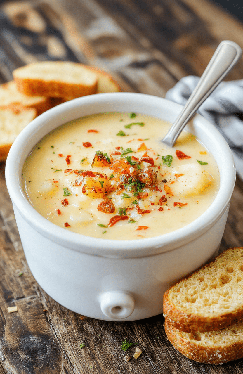 A creamy loaded crockpot potato soup served in a rustic bowl, topped with shredded cheese, chopped green onions, crumbled bacon, and a dollop of sour cream; golden-brown toasty bread on the side, garnished with fresh herbs, styled on a wooden surface with soft natural light highlighting the textures and vibrant colors.