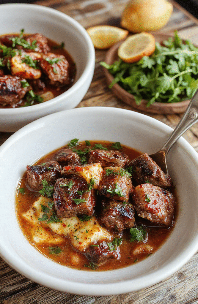 Colorful Mediterranean steak bowls featuring grilled steak slices, cherry tomatoes, cucumber, red onion, Kalamata olives, and feta cheese artfully arranged over a bed of fresh greens, with a drizzle of olive oil and herbs. The vibrant ingredients contrast against a rustic wooden table, styled casually with natural lighting highlighting textures.