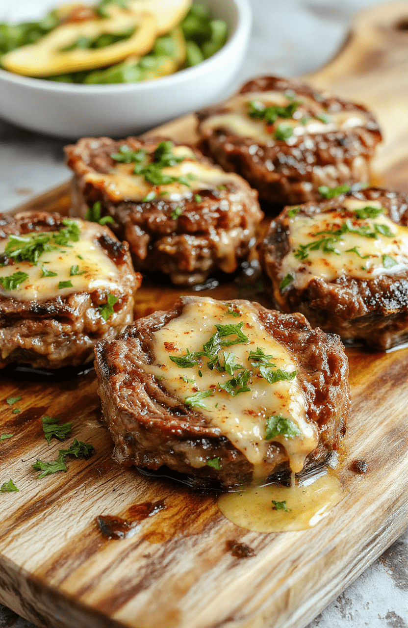 A close-up of golden-brown garlic butter steak bites plated on a rustic wooden board, garnished with fresh parsley, with a glossy sheen highlighting the tender, juicy texture, surrounded by a drizzle of garlic butter sauce and a sprig of rosemary, styled for an inviting dinner scene.