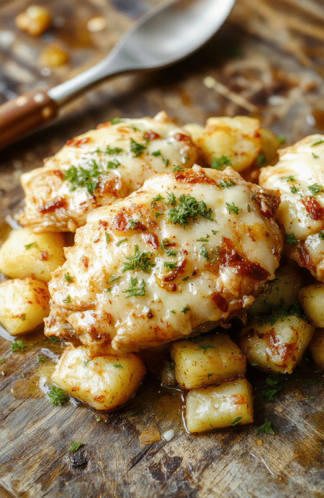 A close-up image of tender garlic parmesan crockpot chicken and golden roasted potatoes plated on a white dish, garnished with fresh parsley, with a creamy sauce and crispy edges, styled on a rustic wooden surface with a neutral background, emphasizing textures and vibrant colors.
