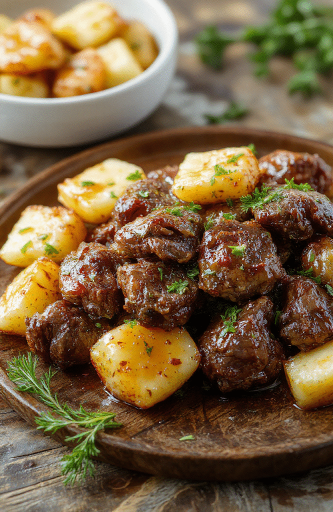 A close-up of tender beef bites smothered in garlic butter, accompanied by crispy roasted potatoes, all beautifully plated on a rustic wooden table, showcasing rich browns and golden hues, garnished with fresh herbs, styled for a cozy home-cooked dinner.