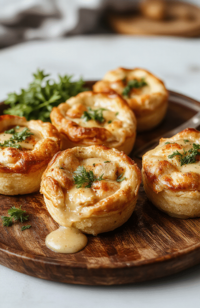 A close-up of plated mini chicken pot pies showing golden-brown crusts, visible filling of chicken, vegetables, and gravy, garnished with fresh herbs, styled on a rustic wooden board with a fork nearby, vibrant colors, appetizing textures, inviting presentation.