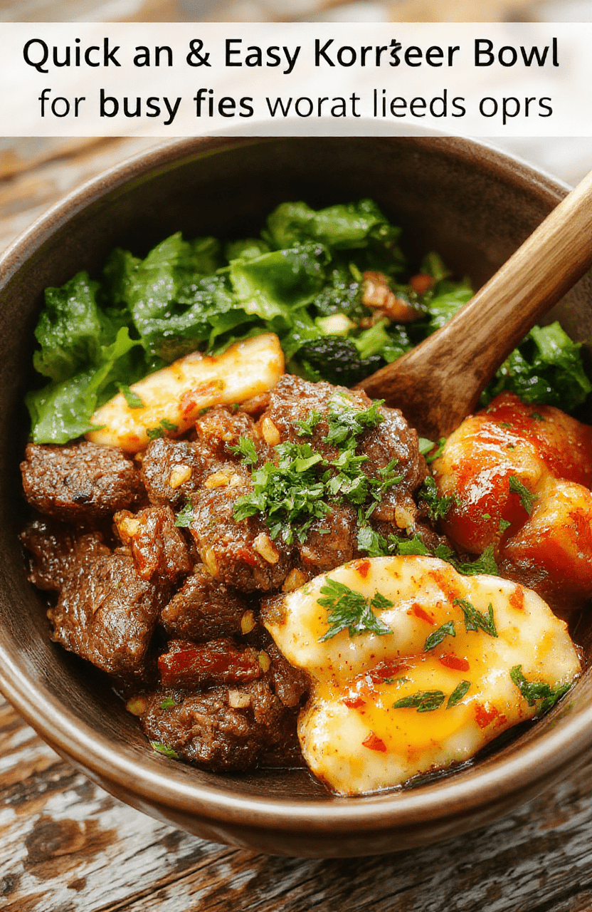 A vibrant Korean ground beef bowl featuring seasoned minced beef, chopped green onions, sesame seeds, and a soft-boiled egg on steamed rice, all beautifully arranged on a rustic plate with colorful vegetables in the background.