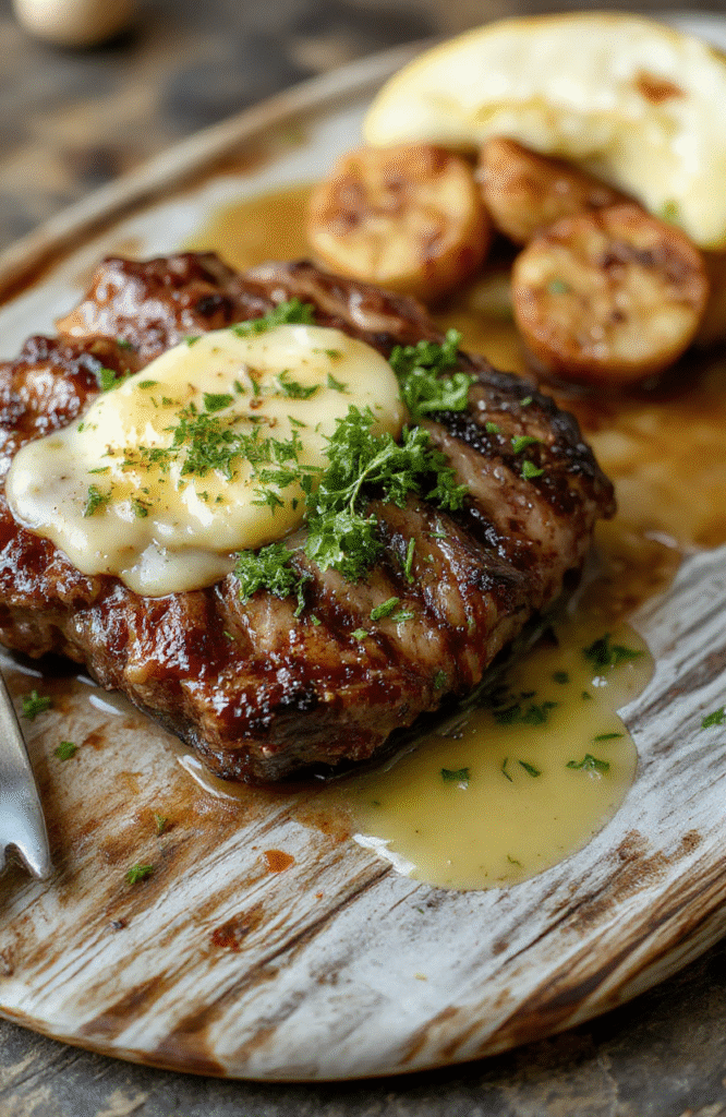 A perfectly pan-seared steak with golden-brown crust, topped with a glossy butter sauce, garnished with fresh herbs, served on a rustic plate with a side of vibrant vegetables, captured in natural daylight with a shallow depth of field, highlighting rich textures and appetizing colors.