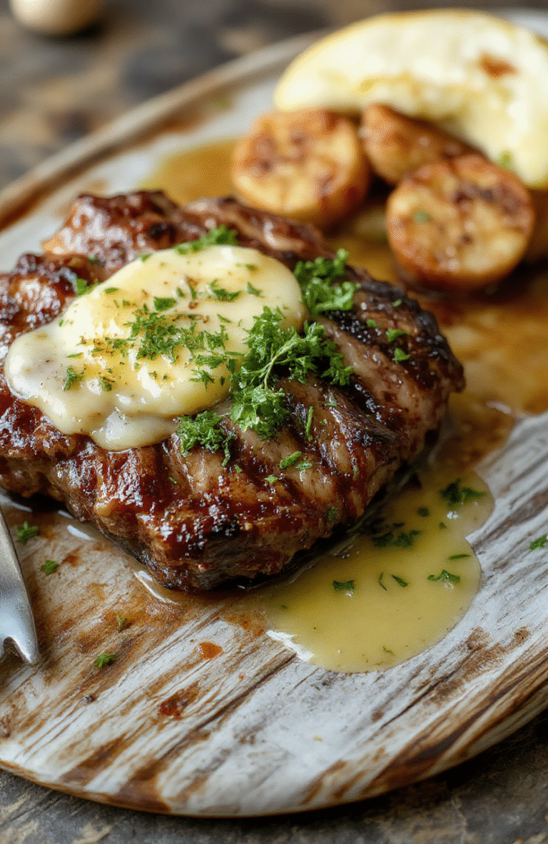 A perfectly pan-seared steak with golden-brown crust, topped with a glossy butter sauce, garnished with fresh herbs, served on a rustic plate with a side of vibrant vegetables, captured in natural daylight with a shallow depth of field, highlighting rich textures and appetizing colors.