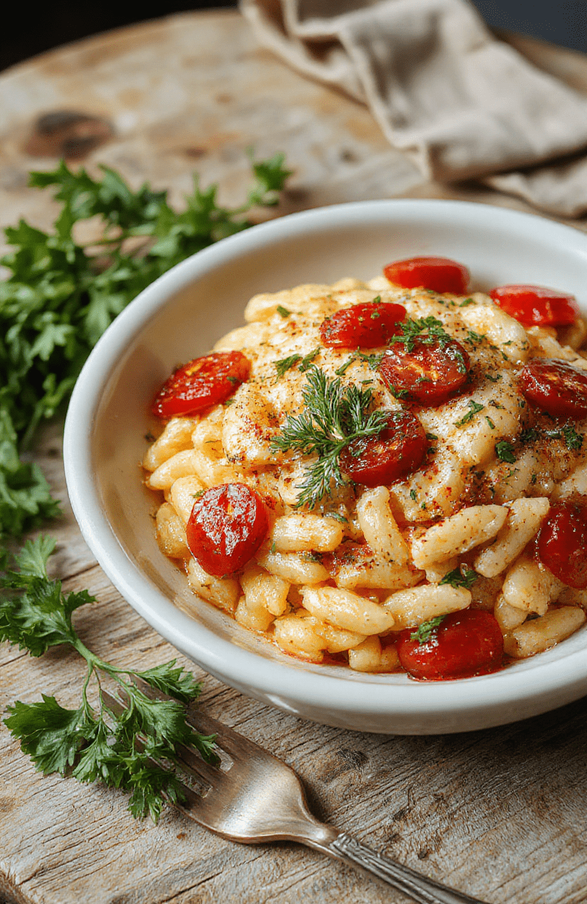 A vibrant plate of savory cooked orzo pasta garnished with fresh herbs and cherry tomatoes on a light wooden table, with a creamy sauce drizzled on top, styled simply for an inviting look.