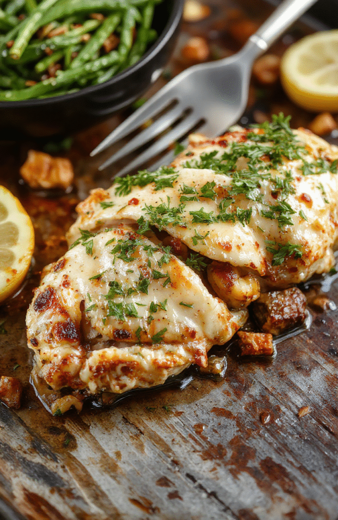 A colorful plate featuring roasted Greek-style chicken thighs with lemon wedges, cherry tomatoes, Kalamata olives, and fresh herbs on a rustic wooden surface, with vibrant colors, glossy textures, and a Mediterranean vibe.
