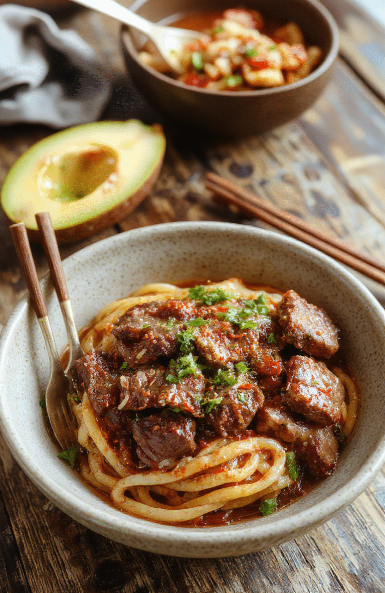 A vibrant plate featuring stir-fried ground beef glazed with savory sauce, served atop steaming noodles, garnished with chopped green onions and sesame seeds, displayed on a rustic wooden table with soft natural daylight highlighting the glossy textures and colorful ingredients.