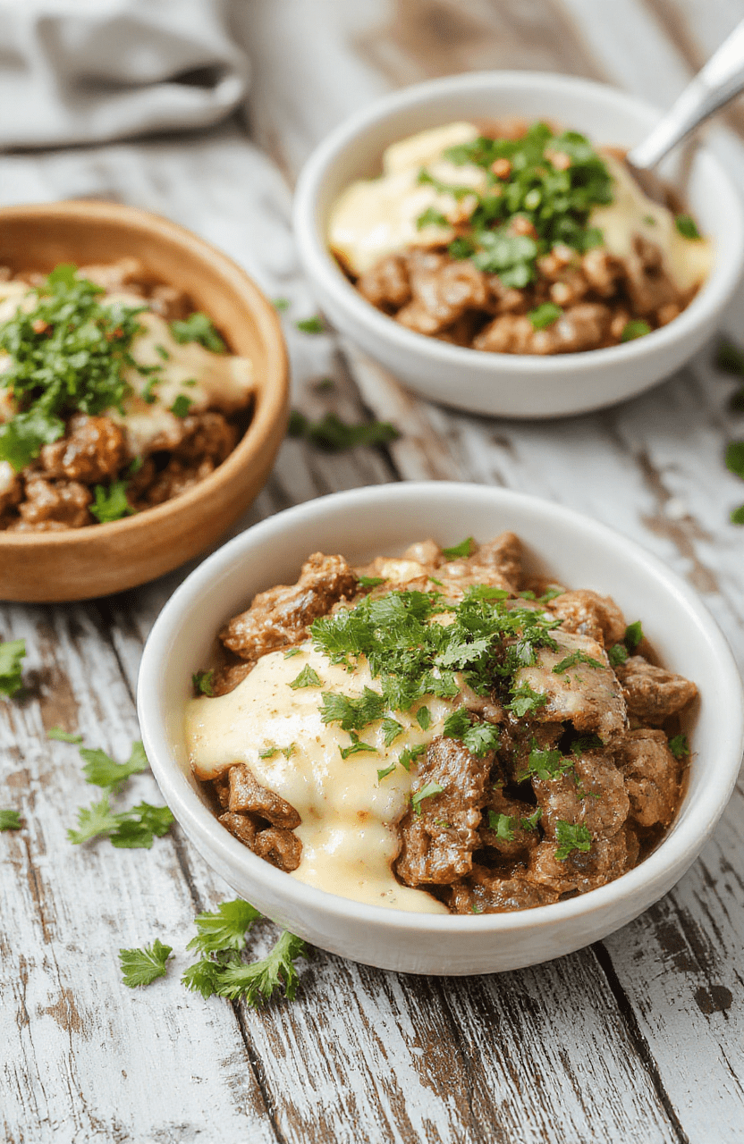 A vibrant plate of low-carb Philly cheesesteak bowls featuring tender sliced beef, melted cheese, colorful peppers, and onions, all arranged attractively in individual bowls with a fresh garnish of herbs, presented on a rustic wooden table with natural lighting highlighting the textures and colors.