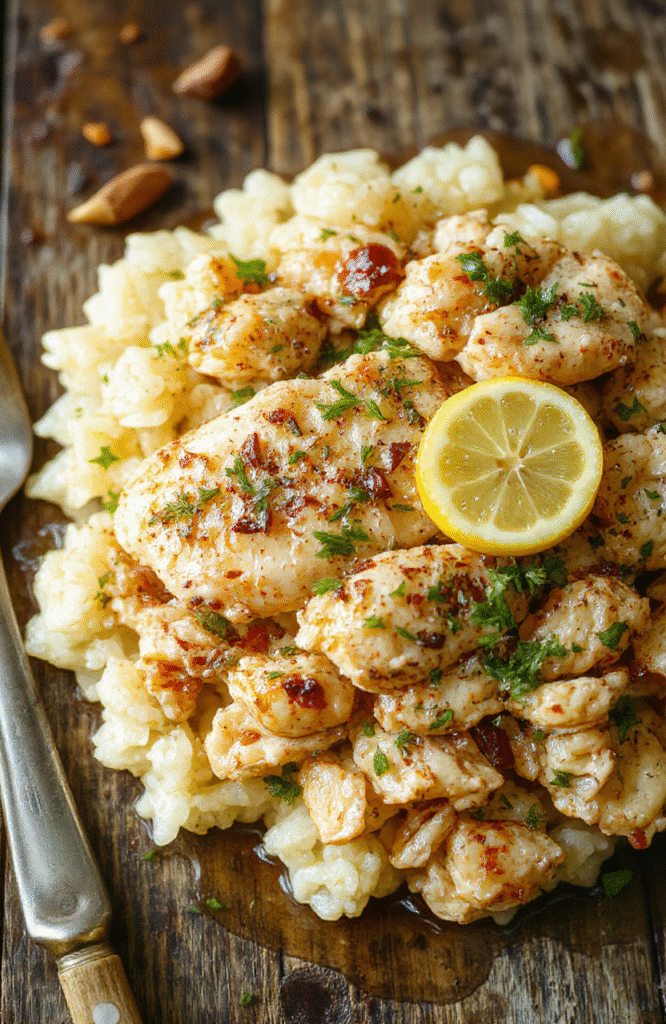 A vibrant plated dish featuring tender shredded chicken coated in lemon and herb sauce, served over fluffy rice with fresh herbs and lemon slices, styled simply on a white plate with a colorful napkin in the background.