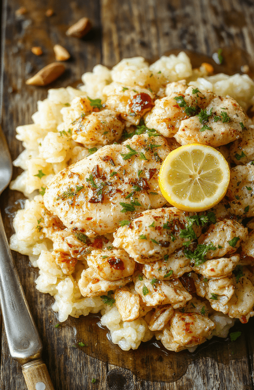 A vibrant plated dish featuring tender shredded chicken coated in lemon and herb sauce, served over fluffy rice with fresh herbs and lemon slices, styled simply on a white plate with a colorful napkin in the background.